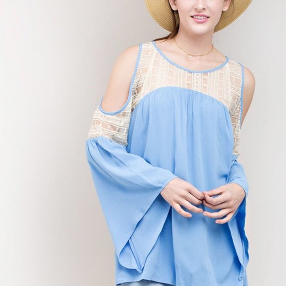 Kori America Lace Keyhole Sleeve Top, Blue - Picture 6 of 6